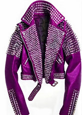 Violet Venom Women’s Gothic Leather Jacket with Studded Cuffs, Spikes & Waist Belt